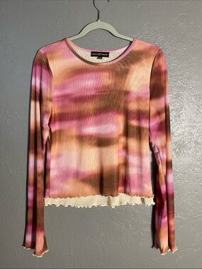 Almost Famous Sheer Mesh Crop Top XL Brown Pink Abstract Print Lettuce Hem Y2K